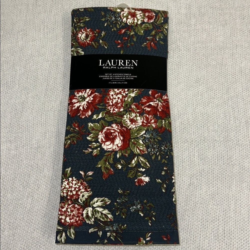 LRL Navy Floral Green Terrycloth Cotton Dish Kitchen Towels